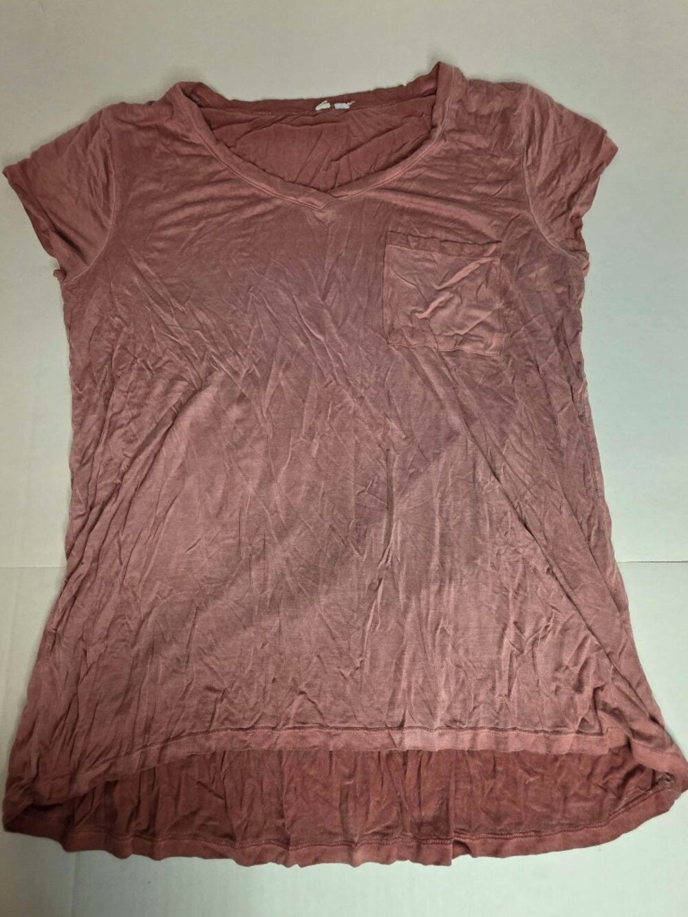 Women's Mauve Pink V-Neck Chest Pocket T-Shirt Hi-Low Hem XL